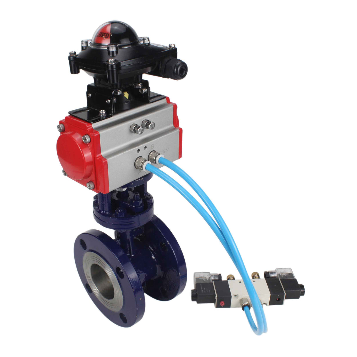 Wasser-Schmetterlingsventil Elephant WBV3EX-3432M-1W-F-ISO, Gehäusematerial - Kohlenstoffstahl, Scheibenmaterial - Edelstahl AISI 316, Dichtung - Metall, pneumatischer Antrieb PA-DA Doppelwirkung, 4V320-10 220V, LSU APL-210N