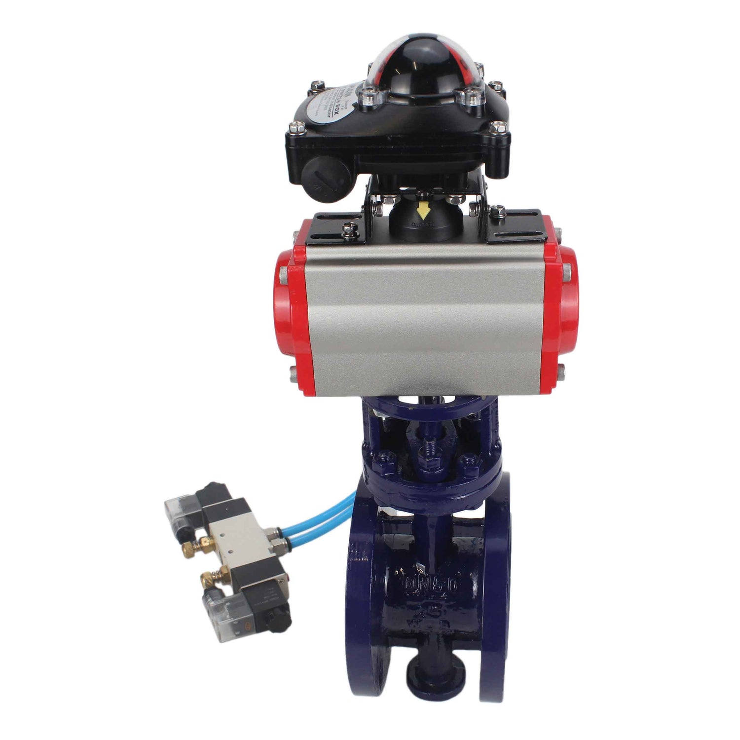 Wasser-Schmetterlingsventil Elephant WBV3EX-3432M-1W-F-ISO, Gehäusematerial - Kohlenstoffstahl, Scheibenmaterial - Edelstahl AISI 316, Dichtung - Metall, pneumatischer Antrieb PA-SA mit Rückstellfedern, 4V320-08 220V, LSU APL-210N