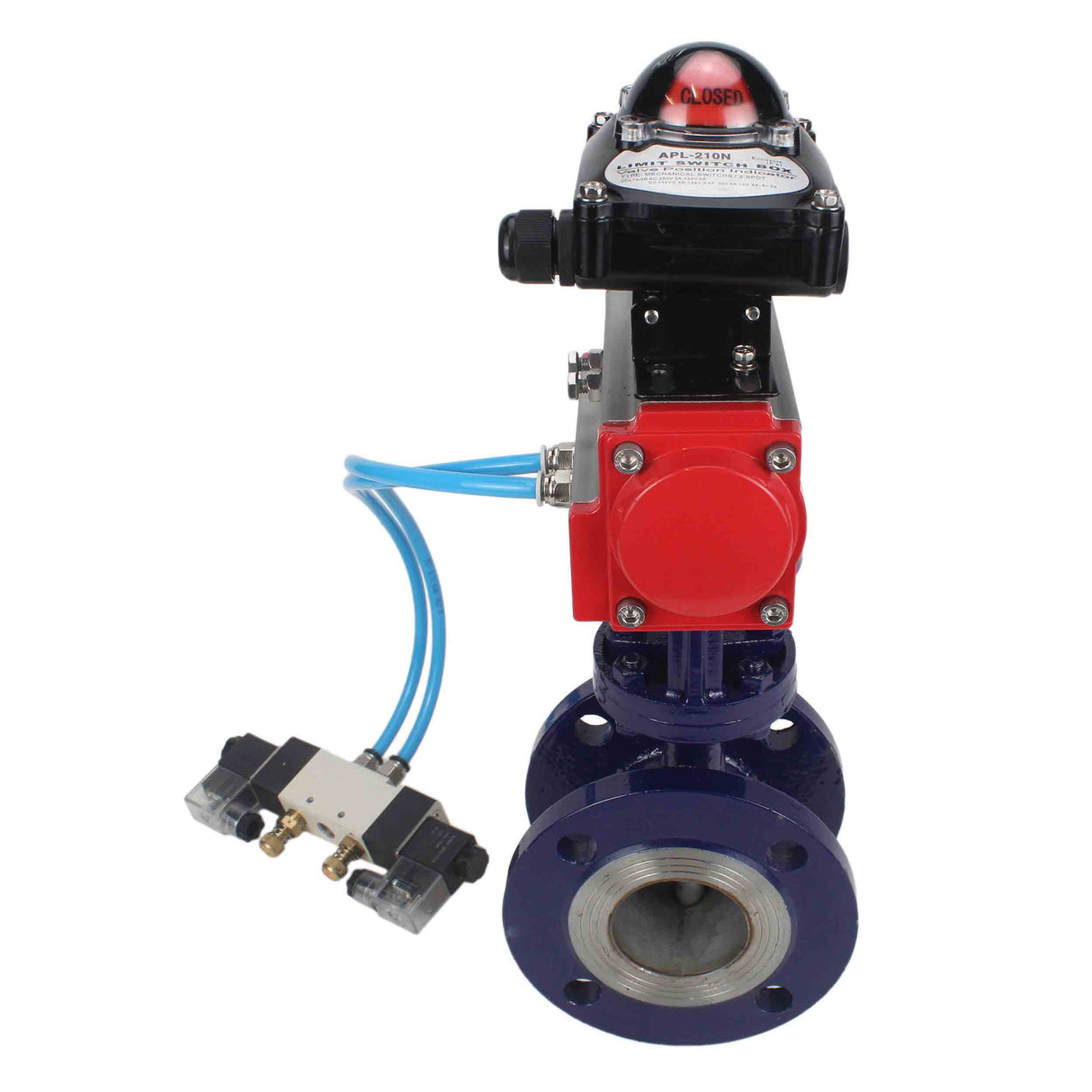 Wasser-Schmetterlingsventil Elephant WBV3EX-3432M-1W-F-ISO, Gehäusematerial - Kohlenstoffstahl, Scheibenmaterial - Edelstahl AISI 316, Dichtung - Metall, pneumatischer Antrieb PA-SA mit Rückstellfedern, 4V320-10 220V, LSU APL-210N