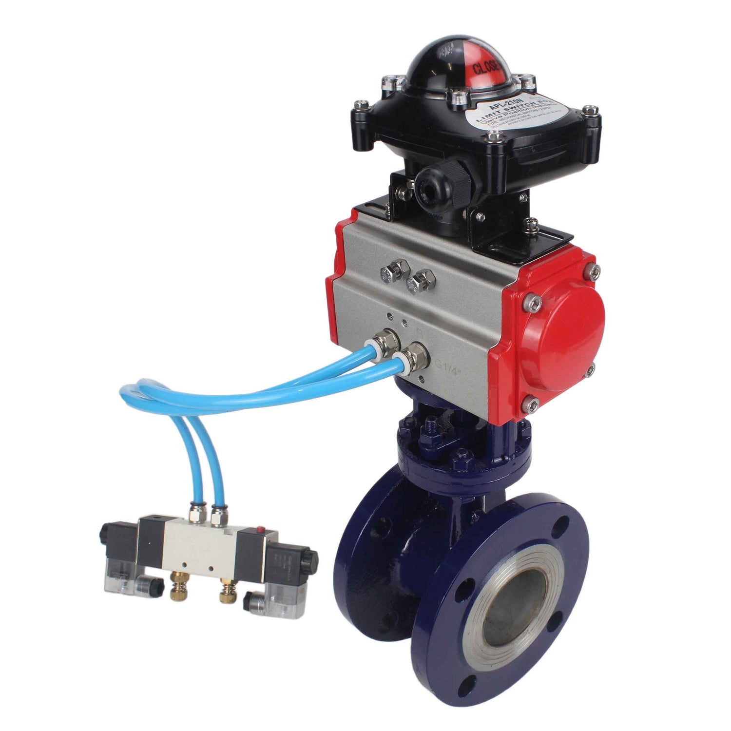 Wasser-Schmetterlingsventil Elephant WBV3EX-3432M-1W-F-ISO, Gehäusematerial - Kohlenstoffstahl, Scheibenmaterial - Edelstahl AISI 316, Dichtung - Metall, pneumatischer Antrieb PA-SA mit Rückstellfedern, 4V320-08 220V, LSU APL-210N