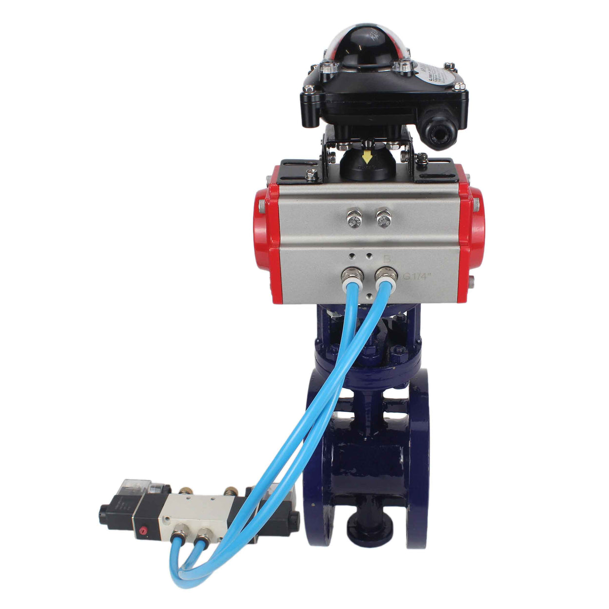 Wasser-Schmetterlingsventil Elephant WBV3EX-3432M-1W-F-ISO, Gehäusematerial - Kohlenstoffstahl, Scheibenmaterial - Edelstahl AISI 316, Dichtung - Metall, pneumatischer Antrieb PA-DA Doppelwirkung, 4V320-08 220V, LSU APL-210N