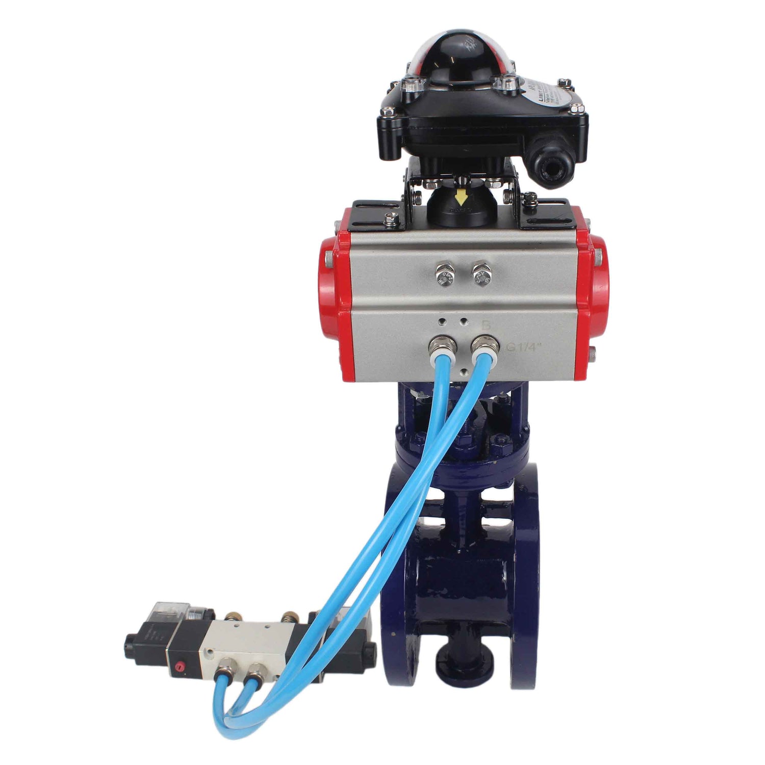 Wasser-Schmetterlingsventil Elephant WBV3EX-3432M-1W-F-ISO, Gehäusematerial - Kohlenstoffstahl, Scheibenmaterial - Edelstahl AISI 316, Dichtung - Metall, pneumatischer Antrieb PA-SA mit Rückstellfedern, 4V320-10 220V, LSU APL-210N