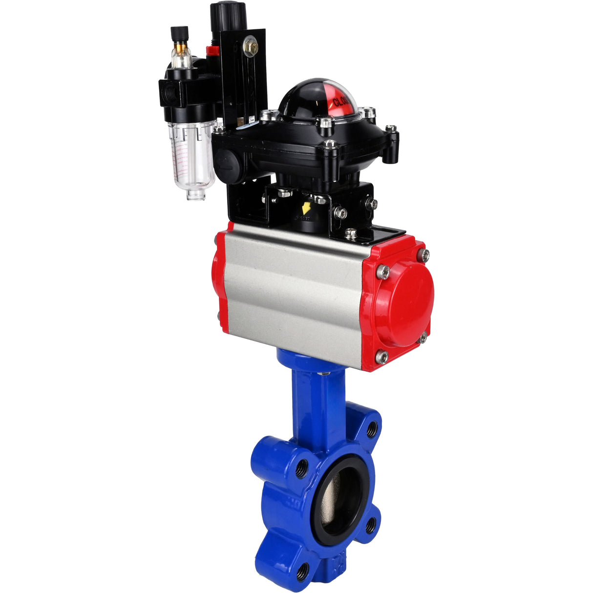 Wasser-Schmetterlingsventil Elephant WBV1616N-2W-Fb-H, Gehäusematerial - Gusseisen QT450, Scheibenmaterial - Gusseisen QT450, Dichtung - NBR, pneumatischer Antrieb PA-SA mit Rückstellfedern, 4M310-08 24V, LSU APL-210N, ATU AFC2000
