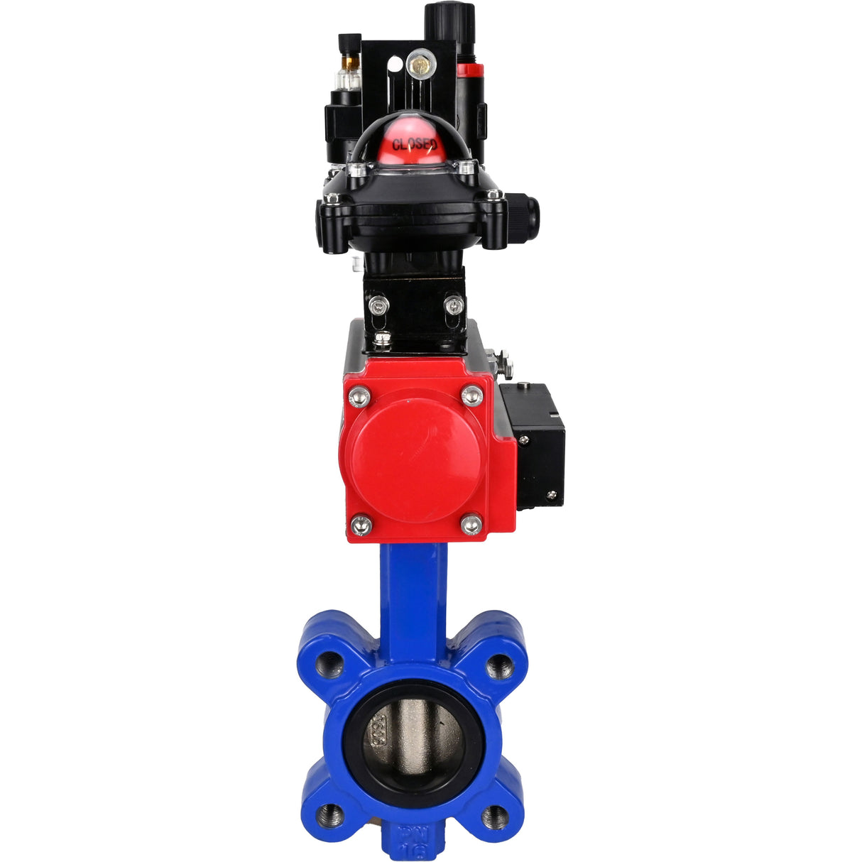 Wasser-Schmetterlingsventil Elephant WBV1616N-2W-Fb-H, Gehäusematerial - Gusseisen QT450, Scheibenmaterial - Gusseisen QT450, Dichtung - NBR, pneumatischer Antrieb PA-SA mit Rückstellfedern, 4M310-08 24V, LSU APL-210N, ATU AFC2000
