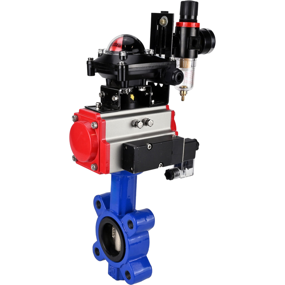 Wasser-Schmetterlingsventil Elephant WBV1616N-2W-Fb-H, Gehäusematerial - Gusseisen QT450, Scheibenmaterial - Gusseisen QT450, Dichtung - NBR, pneumatischer Antrieb PA-SA mit Rückstellfedern, 4M310-08 24V, LSU APL-210N, ATU AFC2000