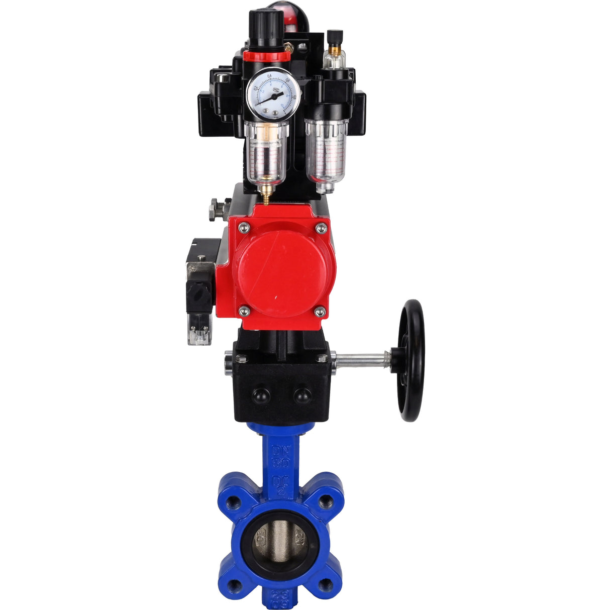 Wasser-Schmetterlingsventil Elephant WBV1616N-2W-Fb-H, Gehäusematerial - Gusseisen QT450, Scheibenmaterial - Gusseisen QT450, Dichtung - NBR, pneumatischer Antrieb PA-DA Doppelwirkung, 4M310-08 24V, LSU APL-410N EX, Handrad MON, ATU AFC2000