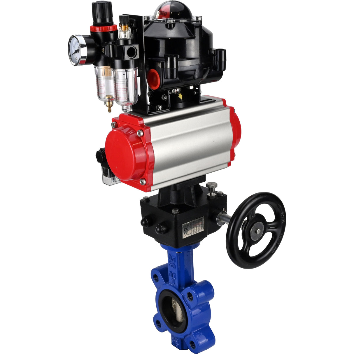 Wasser-Schmetterlingsventil Elephant WBV1616N-2W-Fb-H, Gehäusematerial - Gusseisen QT450, Scheibenmaterial - Gusseisen QT450, Dichtung - NBR, pneumatischer Antrieb PA-DA Doppelwirkung, 4M310-08 24V, LSU APL-510N EX, Handrad MON, ATU AFC2000