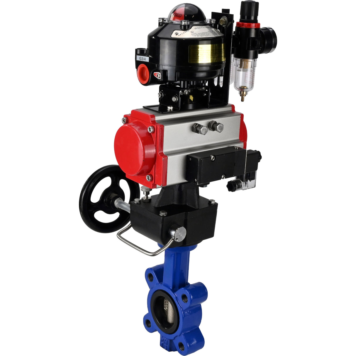 Wasser-Schmetterlingsventil Elephant WBV1616N-2W-Fb-H, Gehäusematerial - Gusseisen QT450, Scheibenmaterial - Gusseisen QT450, Dichtung - NBR, pneumatischer Antrieb PA-DA Doppelwirkung, 4M310-08 24V, LSU APL-510N EX, Handrad MON, ATU AFC2000