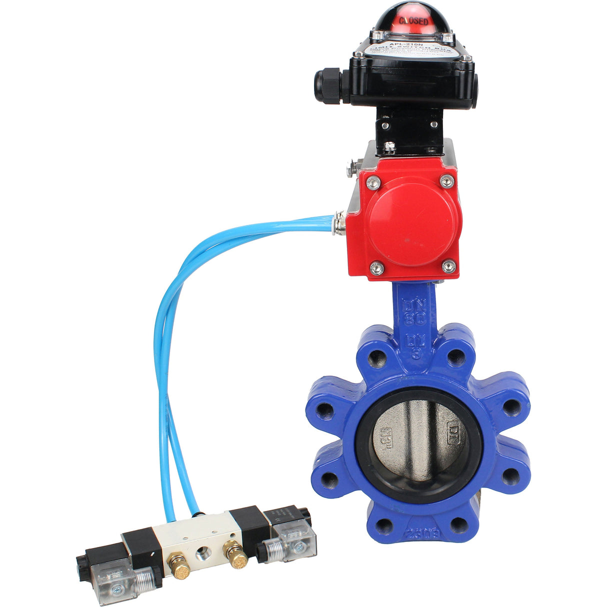 Wasser-Schmetterlingsventil Elephant WBV1616N-2W-Fb-H, Gehäusematerial - Gusseisen QT450, Scheibenmaterial - Gusseisen QT450, Dichtung - NBR, pneumatischer Antrieb PA-DA Doppelwirkung, 4V320-10 220V, LSU APL-210N
