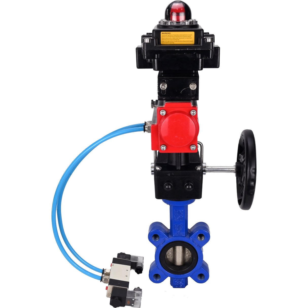 Wasser-Schmetterlingsventil Elephant WBV1616N-2W-Fb-H, Gehäusematerial - Gusseisen QT450, Scheibenmaterial - Gusseisen QT450, Dichtung - NBR, pneumatischer Antrieb PA-DA Doppelwirkung, 4V320-10 220V, LSU APL-410N EX, Handrad MON
