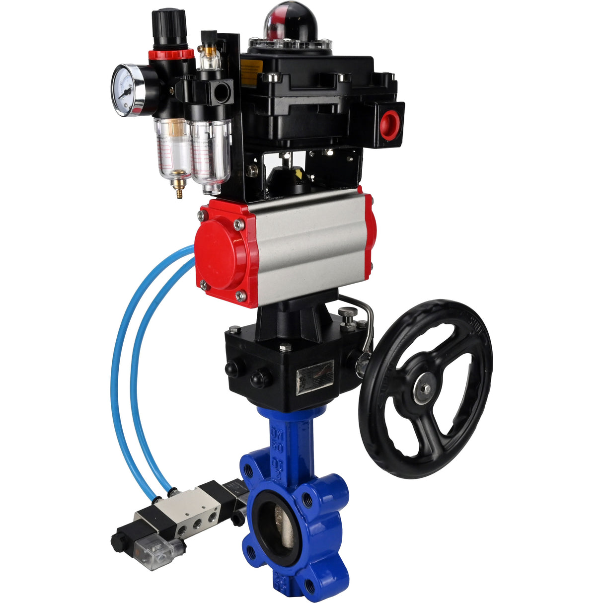 Wasser-Schmetterlingsventil Elephant WBV1616N-2W-Fb-H, Gehäusematerial - Gusseisen QT450, Scheibenmaterial - Gusseisen QT450, Dichtung - NBR, pneumatischer Antrieb PA-DA Doppelwirkung, 4V320-10 220V, LSU APL-410N EX, Handrad MON, ATU AFC2000
