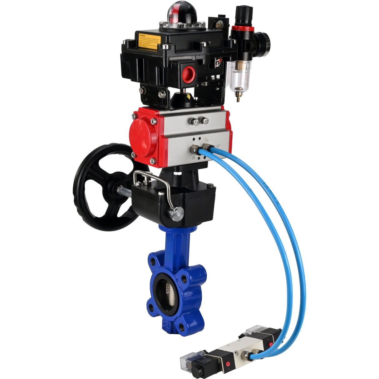 Wasser-Schmetterlingsventil Elephant WBV1616N-2W-Fb-H, Gehäusematerial - Gusseisen QT450, Scheibenmaterial - Gusseisen QT450, Dichtung - NBR, pneumatischer Antrieb PA-DA Doppelwirkung, 4V320-10 220V, LSU APL-410N EX, Handrad MON, ATU AFC2000