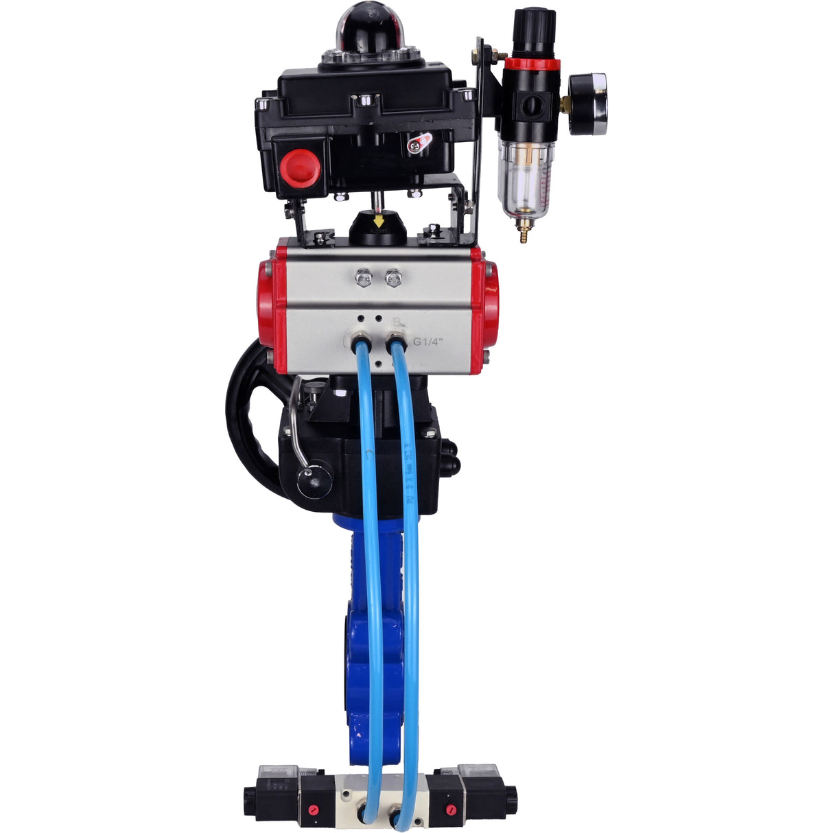 Wasser-Schmetterlingsventil Elephant WBV1616N-2W-Fb-H, Gehäusematerial - Gusseisen QT450, Scheibenmaterial - Gusseisen QT450, Dichtung - NBR, pneumatischer Antrieb PA-DA Doppelwirkung, 4V320-10 220V, LSU APL-410N EX, Handrad MON, ATU AFC2000