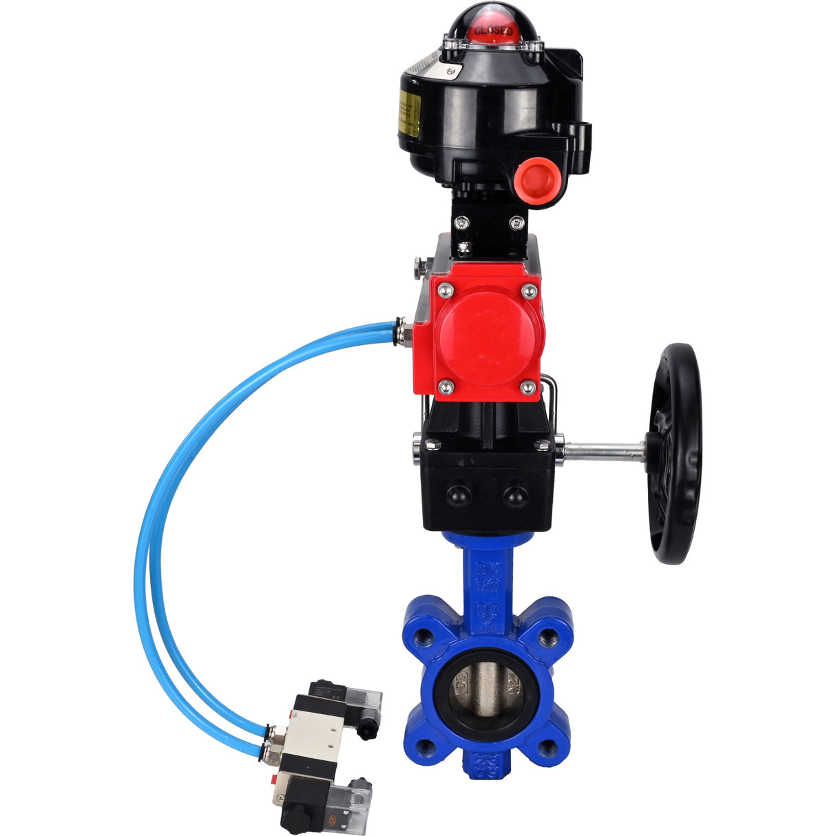 Wasser-Schmetterlingsventil Elephant WBV1616N-2W-Fb-H, Gehäusematerial - Gusseisen QT450, Scheibenmaterial - Gusseisen QT450, Dichtung - NBR, pneumatischer Antrieb PA-DA Doppelwirkung, 4V320-10 220V, LSU APL-510N EX, Handrad MON