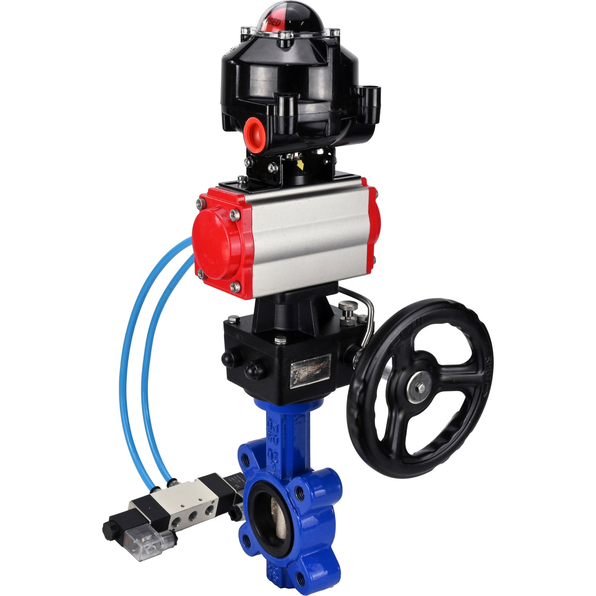 Wasser-Schmetterlingsventil Elephant WBV1616N-2W-Fb-H, Gehäusematerial - Gusseisen QT450, Scheibenmaterial - Gusseisen QT450, Dichtung - NBR, pneumatischer Antrieb PA-DA Doppelwirkung, 4V320-10 220V, LSU APL-510N EX, Handrad MON