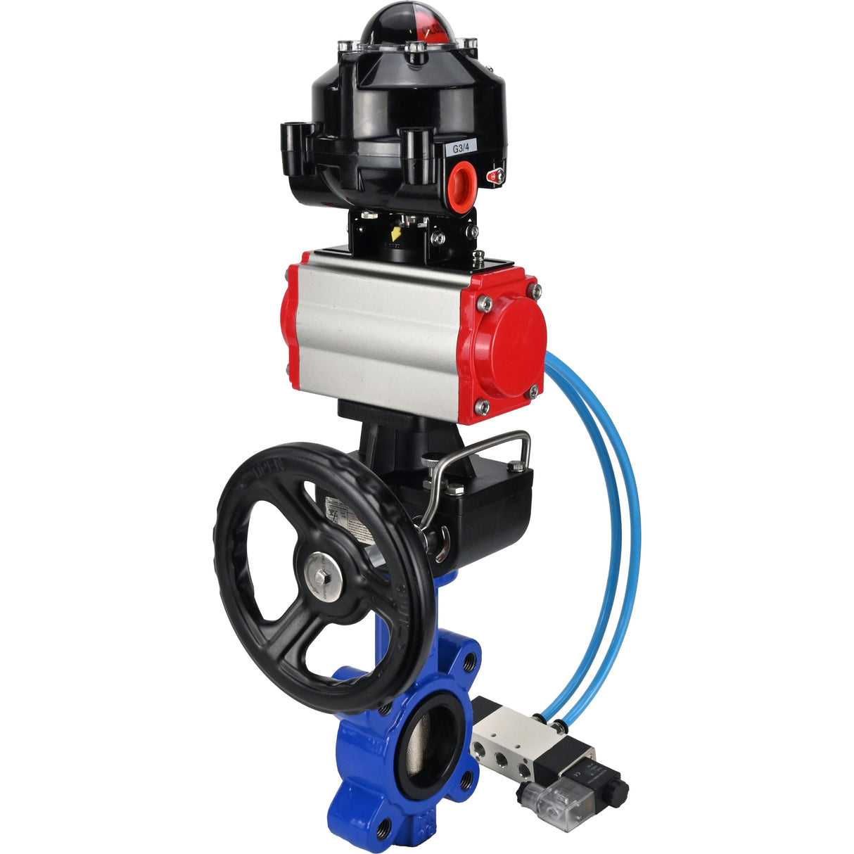 Wasser-Schmetterlingsventil Elephant WBV1616N-2W-Fb-H, Gehäusematerial - Gusseisen QT450, Scheibenmaterial - Gusseisen QT450, Dichtung - NBR, pneumatischer Antrieb PA-DA Doppelwirkung, 4V320-10 220V, LSU APL-510N EX, Handrad MON