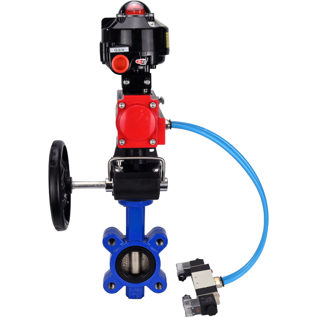 Wasser-Schmetterlingsventil Elephant WBV1616N-2W-Fb-H, Gehäusematerial - Gusseisen QT450, Scheibenmaterial - Gusseisen QT450, Dichtung - NBR, pneumatischer Antrieb PA-DA Doppelwirkung, 4V320-10 220V, LSU APL-510N EX, Handrad MON