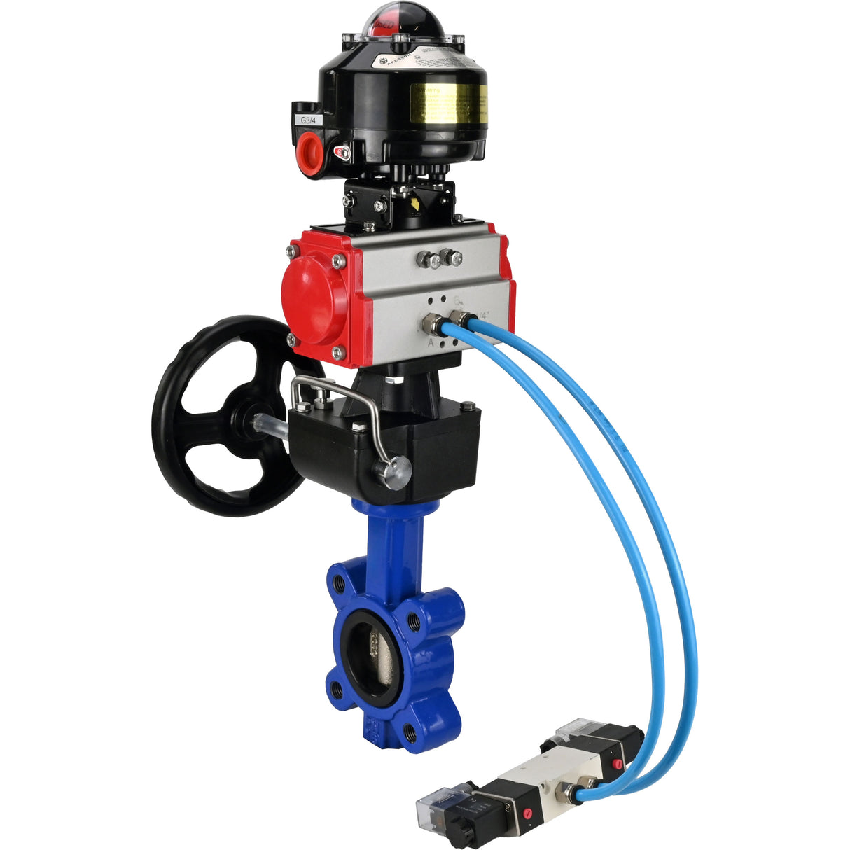 Wasser-Schmetterlingsventil Elephant WBV1616N-2W-Fb-H, Gehäusematerial - Gusseisen QT450, Scheibenmaterial - Gusseisen QT450, Dichtung - NBR, pneumatischer Antrieb PA-DA Doppelwirkung, 4V320-10 220V, LSU APL-510N EX, Handrad MON