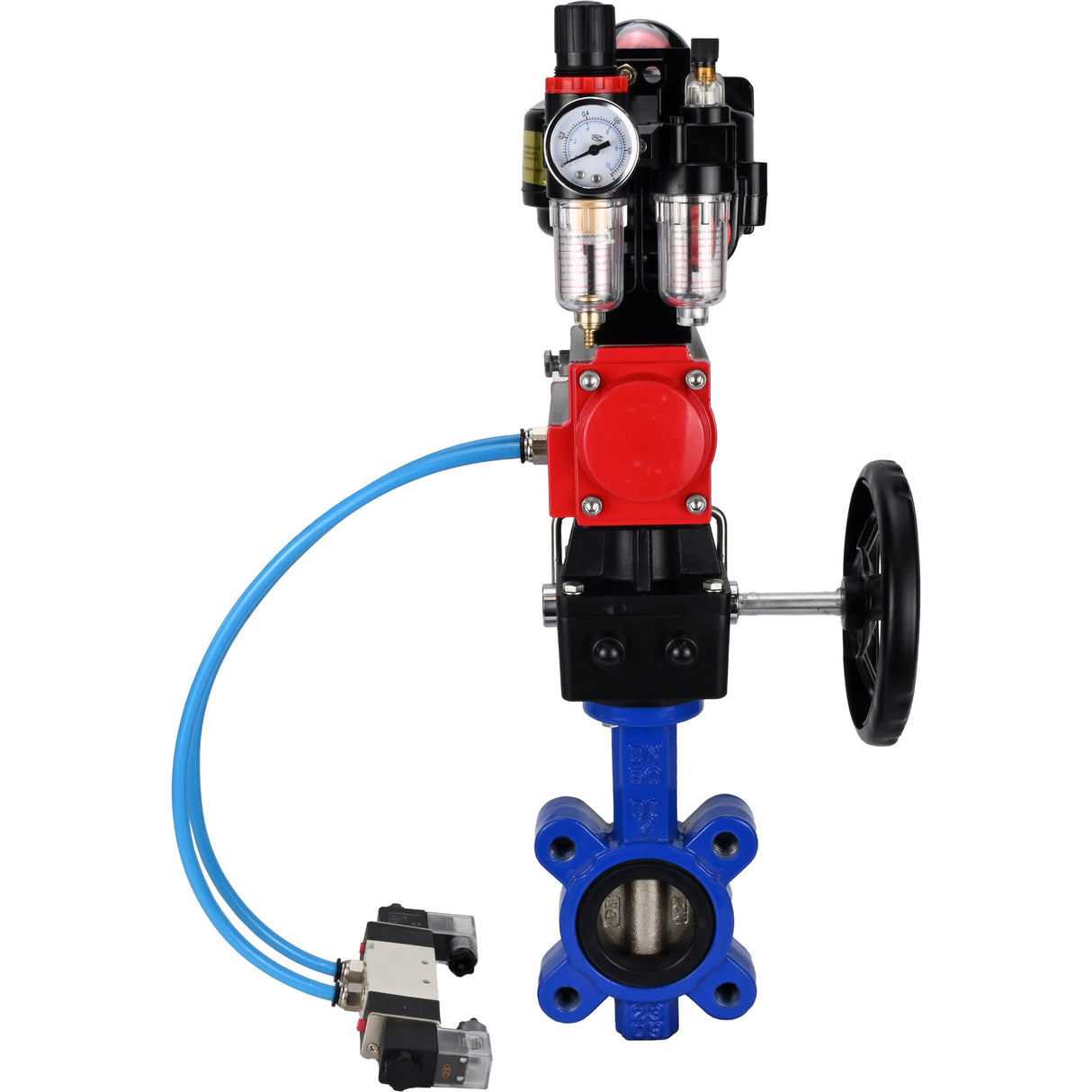 Wasser-Schmetterlingsventil Elephant WBV1616N-2W-Fb-H, Gehäusematerial - Gusseisen QT450, Scheibenmaterial - Gusseisen QT450, Dichtung - NBR, pneumatischer Antrieb PA-DA Doppelwirkung, 4V320-10 220V, LSU APL-510N EX, Handrad MON, ATU AFC2000