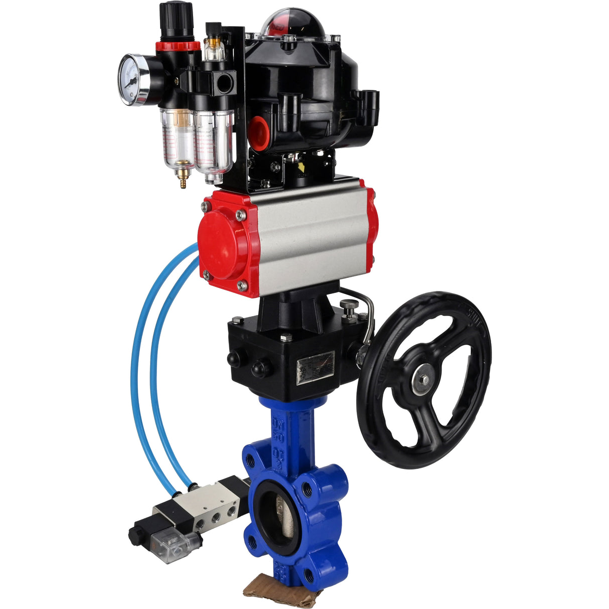 Wasser-Schmetterlingsventil Elephant WBV1616N-2W-Fb-H, Gehäusematerial - Gusseisen QT450, Scheibenmaterial - Gusseisen QT450, Dichtung - NBR, pneumatischer Antrieb PA-DA Doppelwirkung, 4V320-10 220V, LSU APL-510N EX, Handrad MON, ATU AFC2000