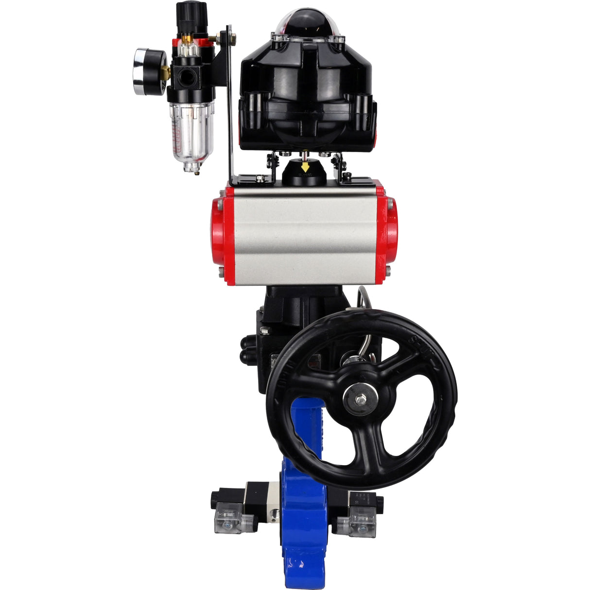 Wasser-Schmetterlingsventil Elephant WBV1616N-2W-Fb-H, Gehäusematerial - Gusseisen QT450, Scheibenmaterial - Gusseisen QT450, Dichtung - NBR, pneumatischer Antrieb PA-DA Doppelwirkung, 4V320-10 220V, LSU APL-510N EX, Handrad MON, ATU AFC2000