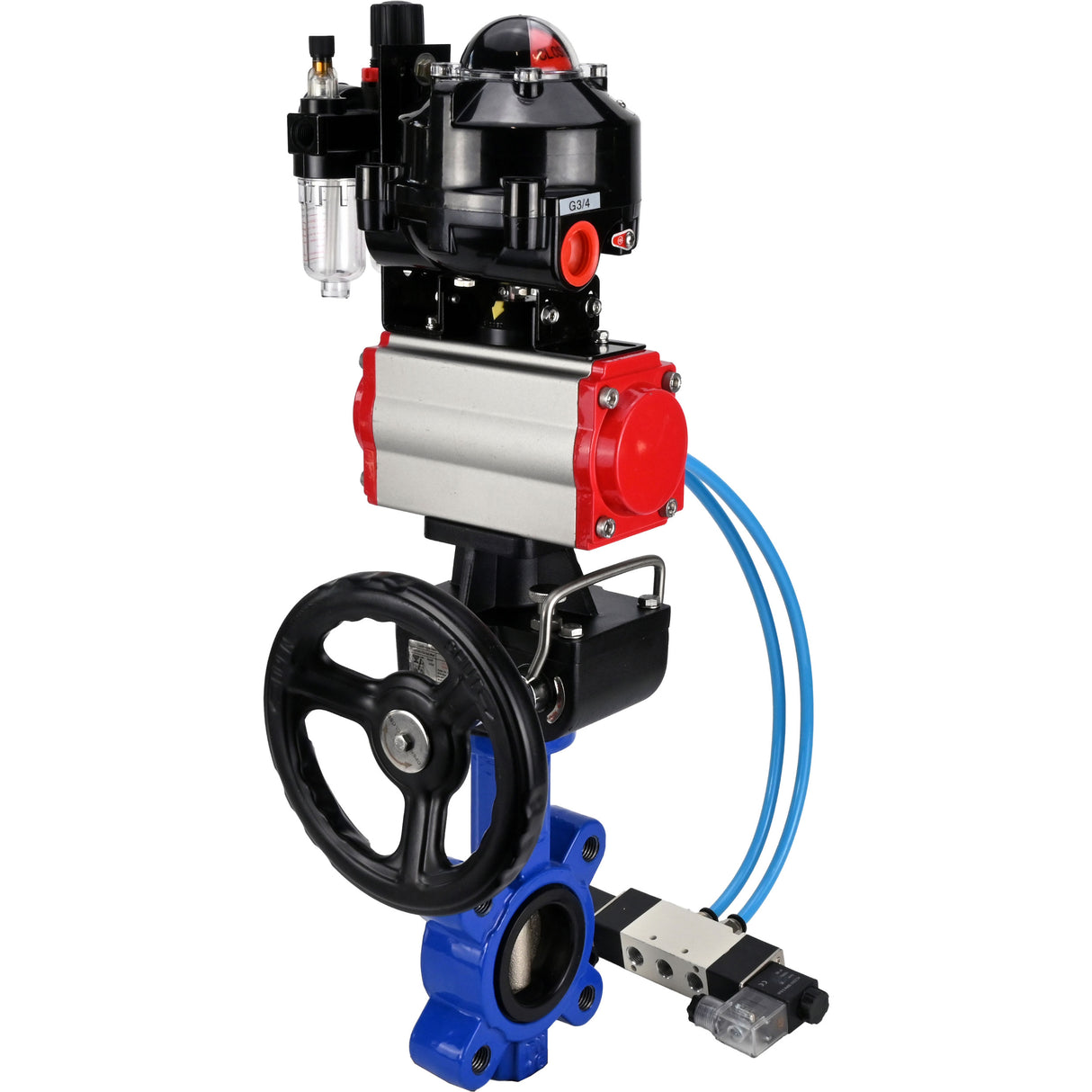 Wasser-Schmetterlingsventil Elephant WBV1616N-2W-Fb-H, Gehäusematerial - Gusseisen QT450, Scheibenmaterial - Gusseisen QT450, Dichtung - NBR, pneumatischer Antrieb PA-DA Doppelwirkung, 4V320-10 220V, LSU APL-510N EX, Handrad MON, ATU AFC2000