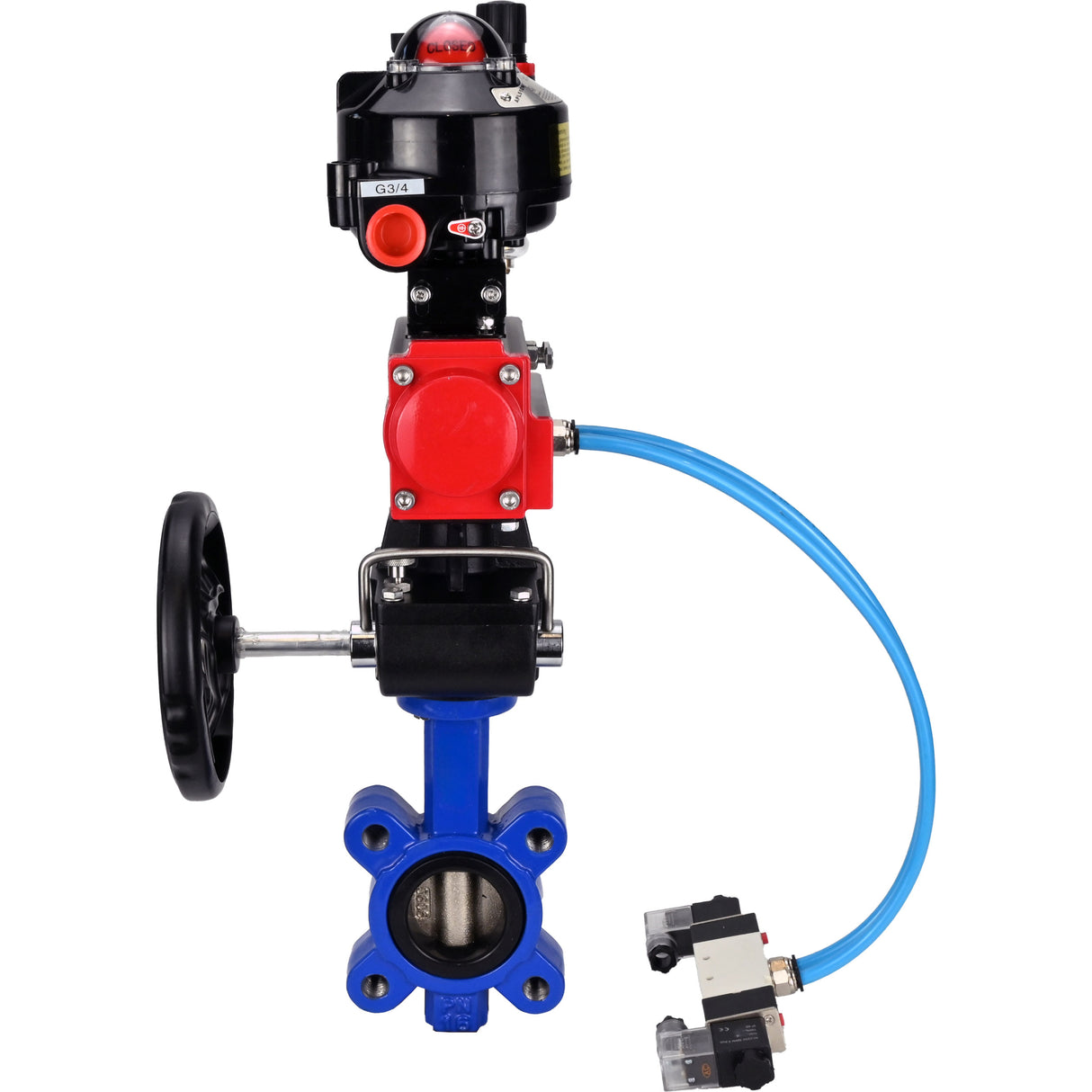 Wasser-Schmetterlingsventil Elephant WBV1616N-2W-Fb-H, Gehäusematerial - Gusseisen QT450, Scheibenmaterial - Gusseisen QT450, Dichtung - NBR, pneumatischer Antrieb PA-DA Doppelwirkung, 4V320-10 220V, LSU APL-510N EX, Handrad MON, ATU AFC2000