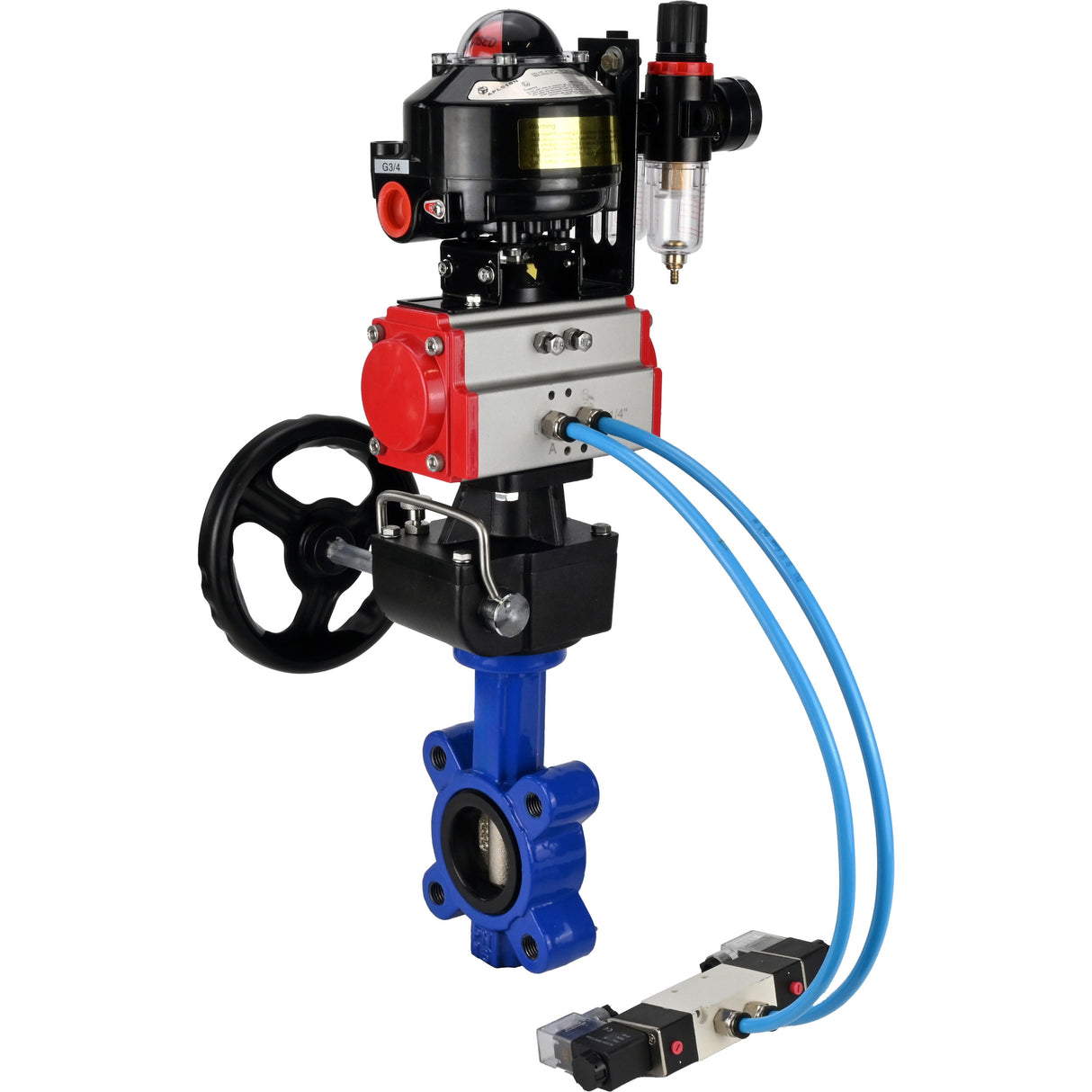 Wasser-Schmetterlingsventil Elephant WBV1616N-2W-Fb-H, Gehäusematerial - Gusseisen QT450, Scheibenmaterial - Gusseisen QT450, Dichtung - NBR, pneumatischer Antrieb PA-DA Doppelwirkung, 4V320-10 220V, LSU APL-510N EX, Handrad MON, ATU AFC2000