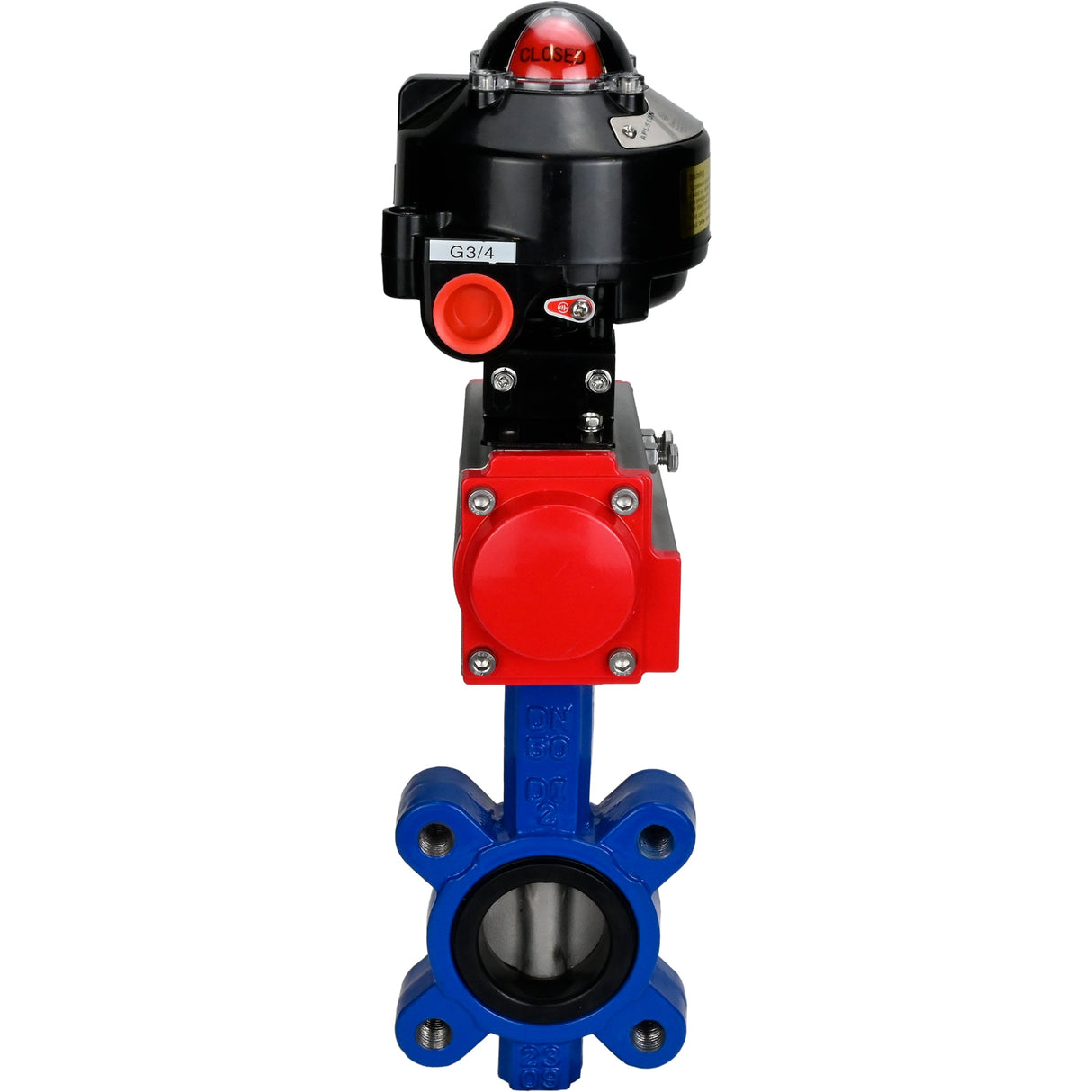 Wasser-Schmetterlingsventil Elephant WBV1616E-2W-Fb-H, Gehäusematerial - Gusseisen QT450, Scheibenmaterial - Gusseisen QT450, Dichtung - EPDM, mit pneumatischem Doppelwirkungsantrieb PA-DA, LSU APL-510N EX