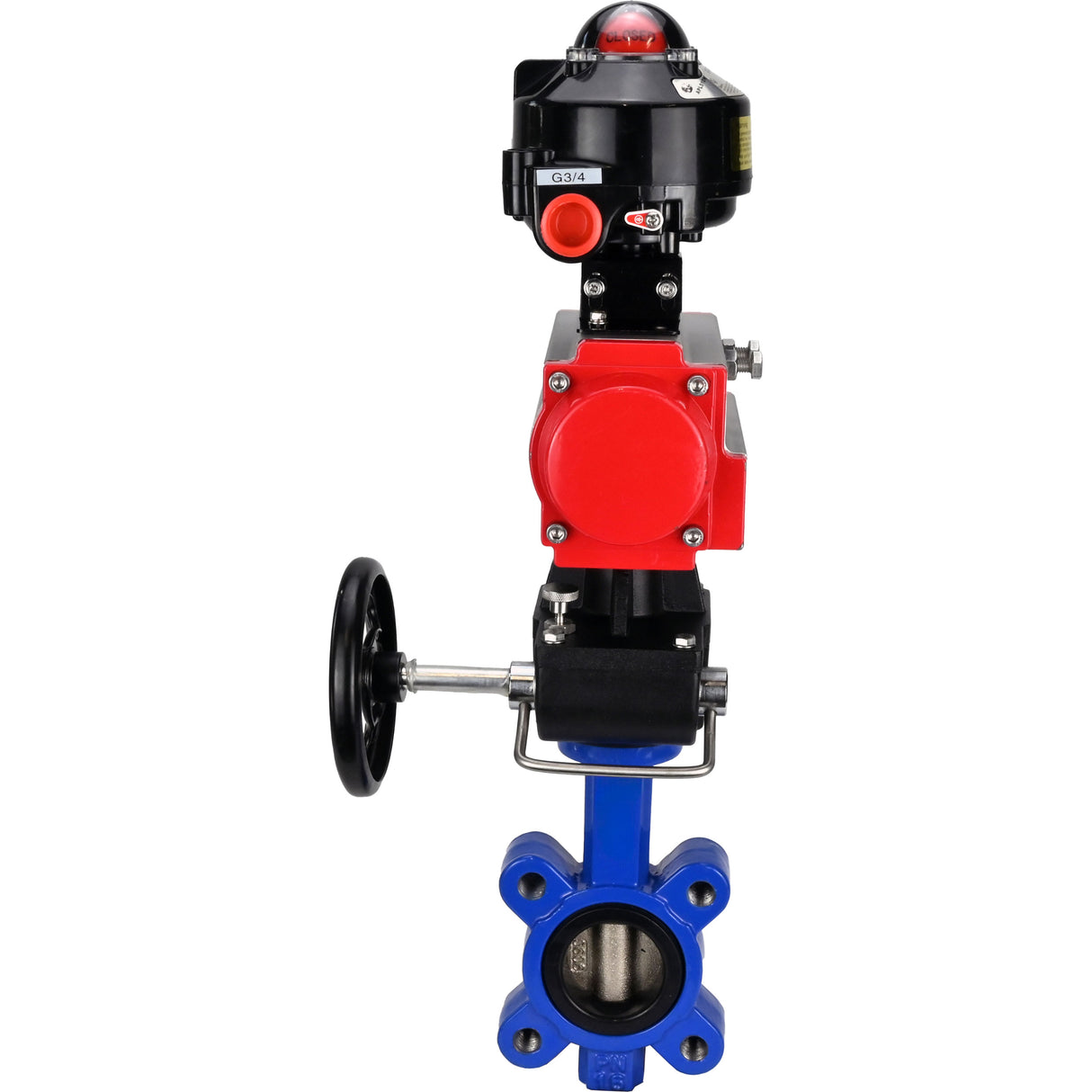 Wasser-Schmetterlingsventil Elephant WBV1616N-2W-Fb-H, Gehäusematerial - Gusseisen QT450, Scheibenmaterial - Gusseisen QT450, Dichtung - NBR, mit pneumatischem Doppelwirkungsantrieb PA-DA, Handrad MON, LSU APL-510N EX