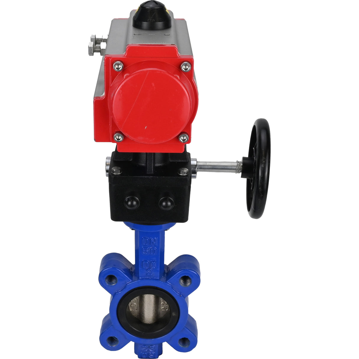 Wasser-Schmetterlingsventil Elephant WBV1616N-2W-Fb-H, Gehäusematerial - Gusseisen QT450, Scheibenmaterial - Gusseisen QT450, Dichtung - NBR, mit pneumatischem Doppelwirkungsantrieb PA-DA, Handrad MON