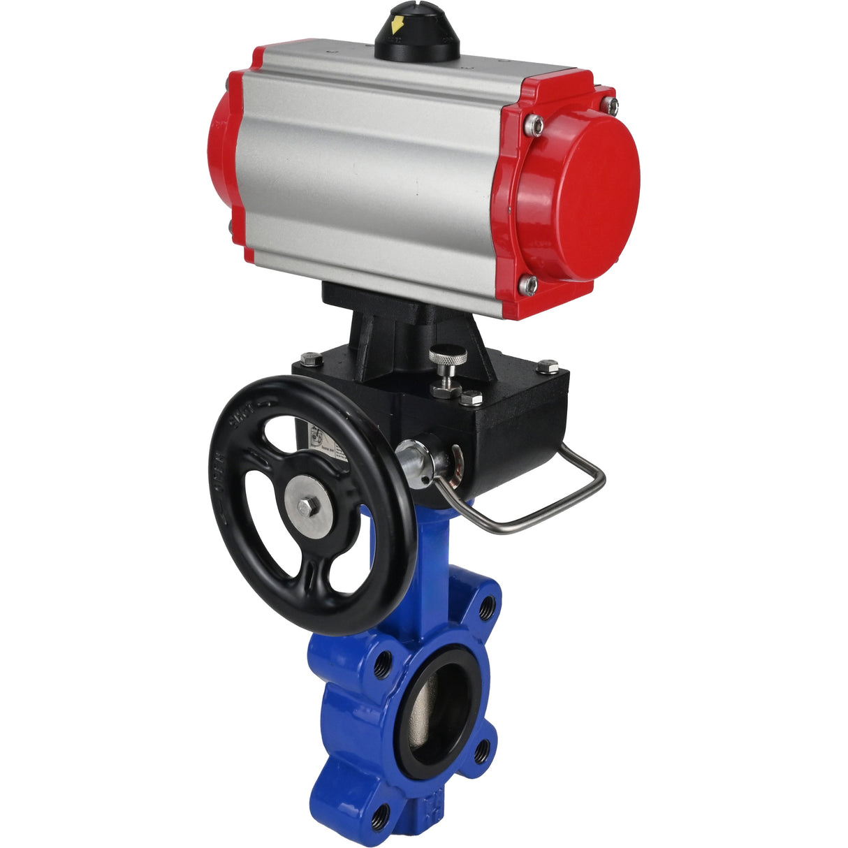 Wasser-Schmetterlingsventil Elephant WBV1616N-2W-Fb-H, Gehäusematerial - Gusseisen QT450, Scheibenmaterial - Gusseisen QT450, Dichtung - NBR, mit pneumatischem Doppelwirkungsantrieb PA-DA, Handrad MON