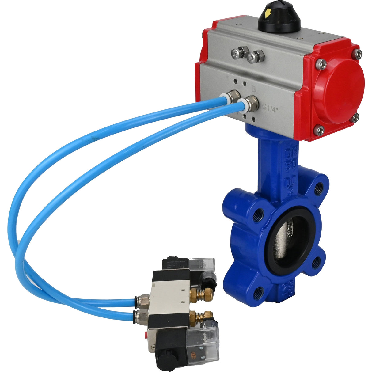 Wasser-Schmetterlingsventil Elephant WBV1616E-2W-Fb-H, Gehäusematerial - Gusseisen QT450, Scheibenmaterial - Gusseisen QT450, Dichtung - EPDM, mit pneumatischem Doppelwirkungsantrieb PA-DA, 4V320-08 220V