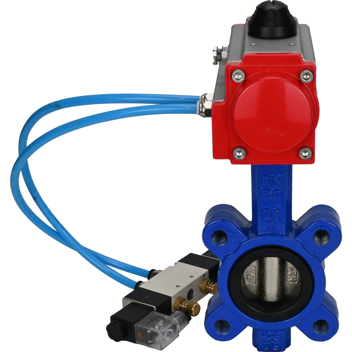 Wasser-Schmetterlingsventil Elephant WBV1616E-2W-Fb-H, Gehäusematerial - Gusseisen QT450, Scheibenmaterial - Gusseisen QT450, Dichtung - EPDM, mit pneumatischem Doppelwirkungsantrieb PA-DA, 4V320-08 220V