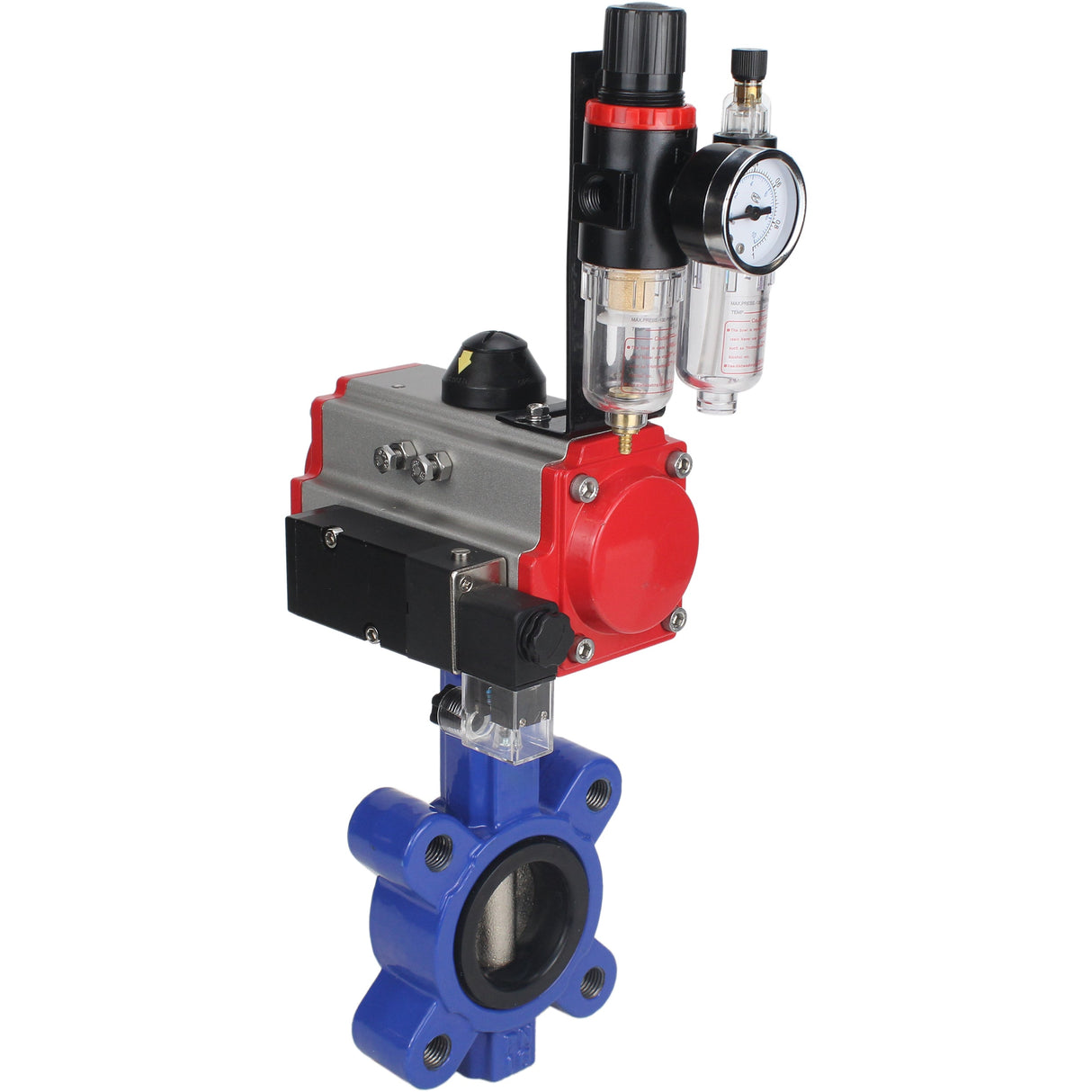 Wasser-Schmetterlingsventil Elephant WBV1616E-2W-Fb-H, Gehäusematerial - Gusseisen QT450, Scheibenmaterial - Gusseisen QT450, Dichtung - EPDM, mit pneumatischem Doppelwirkungsantrieb PA-DA, 4M310-08 220V, ATU AFC2000