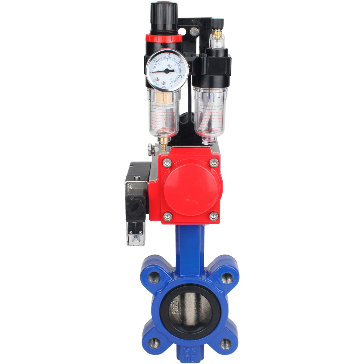 Wasser-Schmetterlingsventil Elephant WBV1616E-2W-Fb-H, Gehäusematerial - Gusseisen QT450, Scheibenmaterial - Gusseisen QT450, Dichtung - EPDM, mit pneumatischem Doppelwirkungsantrieb PA-DA, 4M310-08 220V, ATU AFC2000