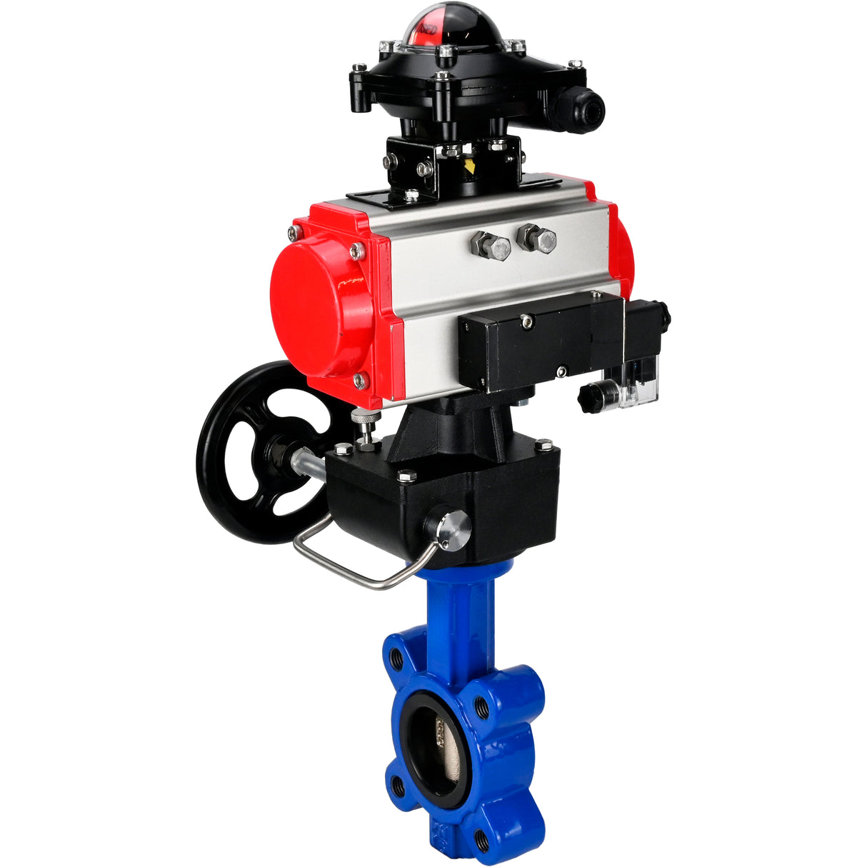 Wasser-Schmetterlingsventil Elephant WBV1616E-2W-Fb-H, Gehäusematerial - Gusseisen QT450, Scheibenmaterial - Gusseisen QT450, Dichtung - EPDM, pneumatischer Antrieb PA-DA Doppelwirkung, 4M310-08 220V, LSU APL-210N, Handrad MON