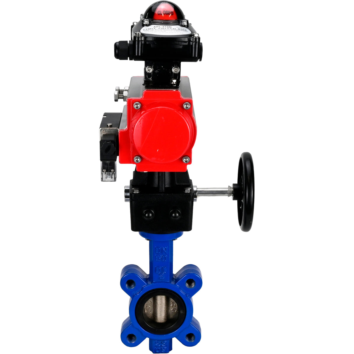 Wasser-Schmetterlingsventil Elephant WBV1616E-2W-Fb-H, Gehäusematerial - Gusseisen QT450, Scheibenmaterial - Gusseisen QT450, Dichtung - EPDM, pneumatischer Antrieb PA-DA Doppelwirkung, 4M310-08 220V, LSU APL-210N, Handrad MON