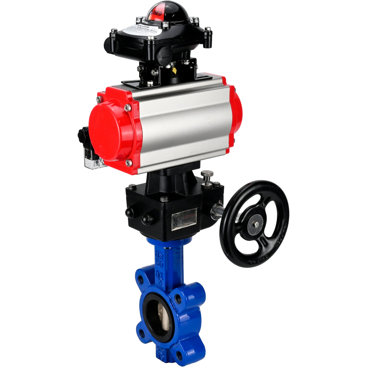 Wasser-Schmetterlingsventil Elephant WBV1616E-2W-Fb-H, Gehäusematerial - Gusseisen QT450, Scheibenmaterial - Gusseisen QT450, Dichtung - EPDM, pneumatischer Antrieb PA-DA Doppelwirkung, 4M310-08 220V, LSU APL-210N, Handrad MON