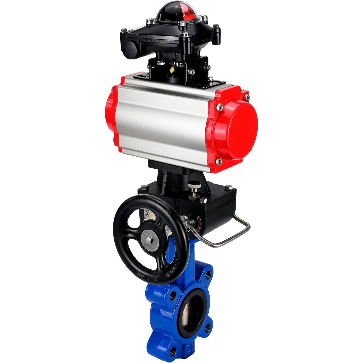 Wasser-Schmetterlingsventil Elephant WBV1616E-2W-Fb-H, Gehäusematerial - Gusseisen QT450, Scheibenmaterial - Gusseisen QT450, Dichtung - EPDM, pneumatischer Antrieb PA-DA Doppelwirkung, 4M310-08 220V, LSU APL-210N, Handrad MON