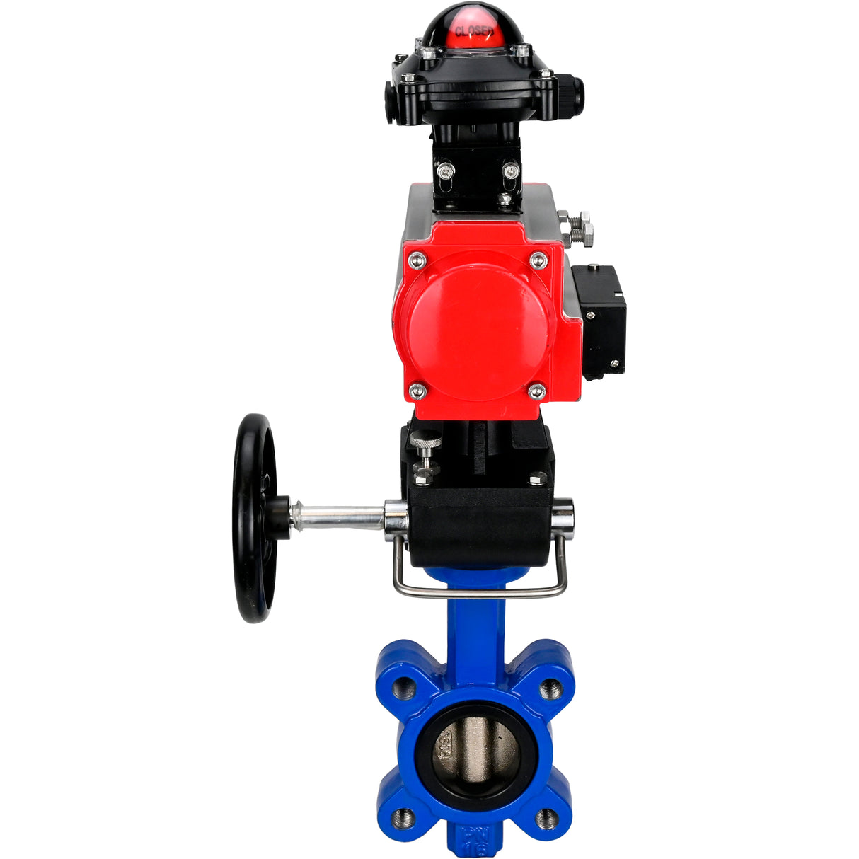 Wasser-Schmetterlingsventil Elephant WBV1616E-2W-Fb-H, Gehäusematerial - Gusseisen QT450, Scheibenmaterial - Gusseisen QT450, Dichtung - EPDM, pneumatischer Antrieb PA-DA Doppelwirkung, 4M310-08 220V, LSU APL-210N, Handrad MON