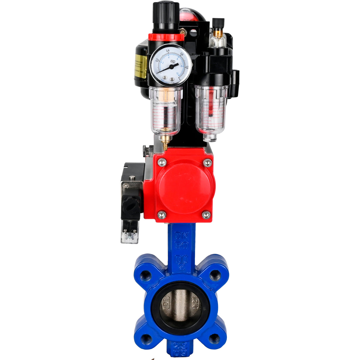 Wasser-Schmetterlingsventil Elephant WBV1616N-2W-Fb-H, Gehäusematerial - Gusseisen QT450, Scheibenmaterial - Gusseisen QT450, Dichtung - NBR, pneumatischer Antrieb PA-SA mit Rückstellfedern, 4M310-08 24V, LSU APL-510N EX, ATU AFC2000