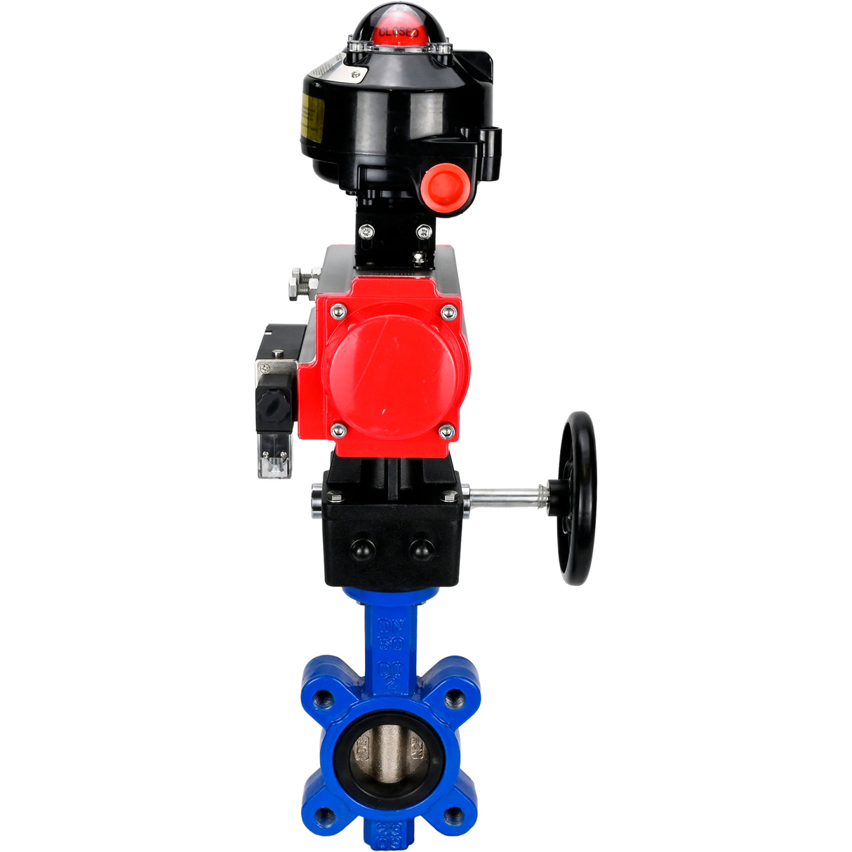 Wasser-Schmetterlingsventil Elephant WBV1616N-2W-Fb-H, Gehäusematerial - Gusseisen QT450, Scheibenmaterial - Gusseisen QT450, Dichtung - NBR, pneumatischer Antrieb PA-DA Doppelwirkung, 4M310-08 24V, LSU APL-510N EX, Handrad MON