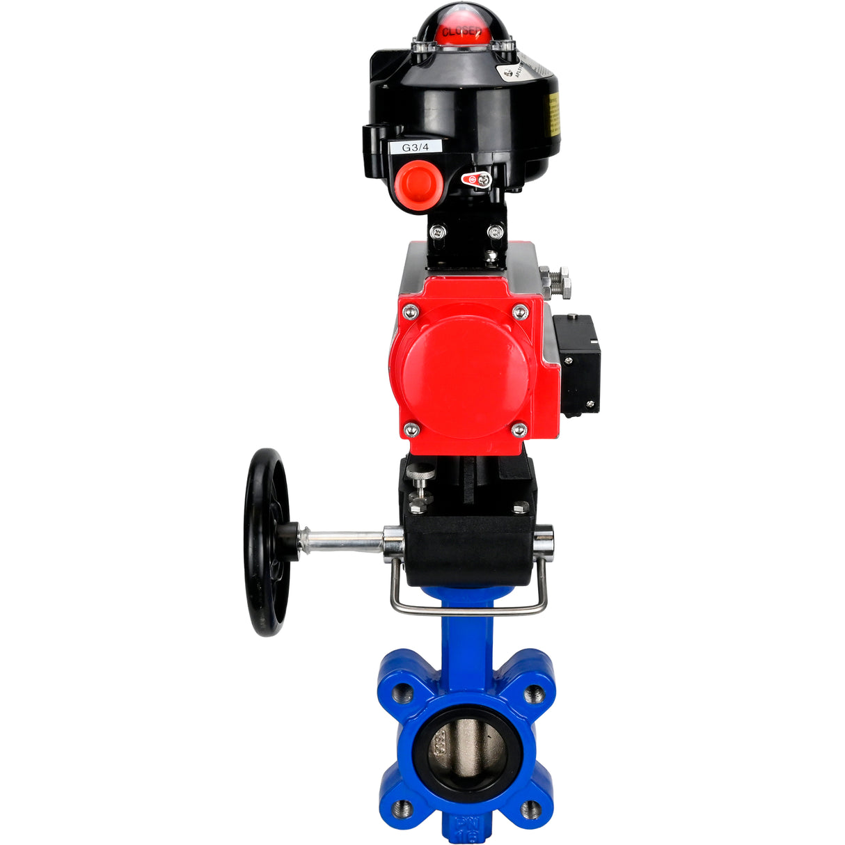 Wasser-Schmetterlingsventil Elephant WBV1616N-2W-Fb-H, Gehäusematerial - Gusseisen QT450, Scheibenmaterial - Gusseisen QT450, Dichtung - NBR, pneumatischer Antrieb PA-DA Doppelwirkung, 4M310-08 24V, LSU APL-510N EX, Handrad MON
