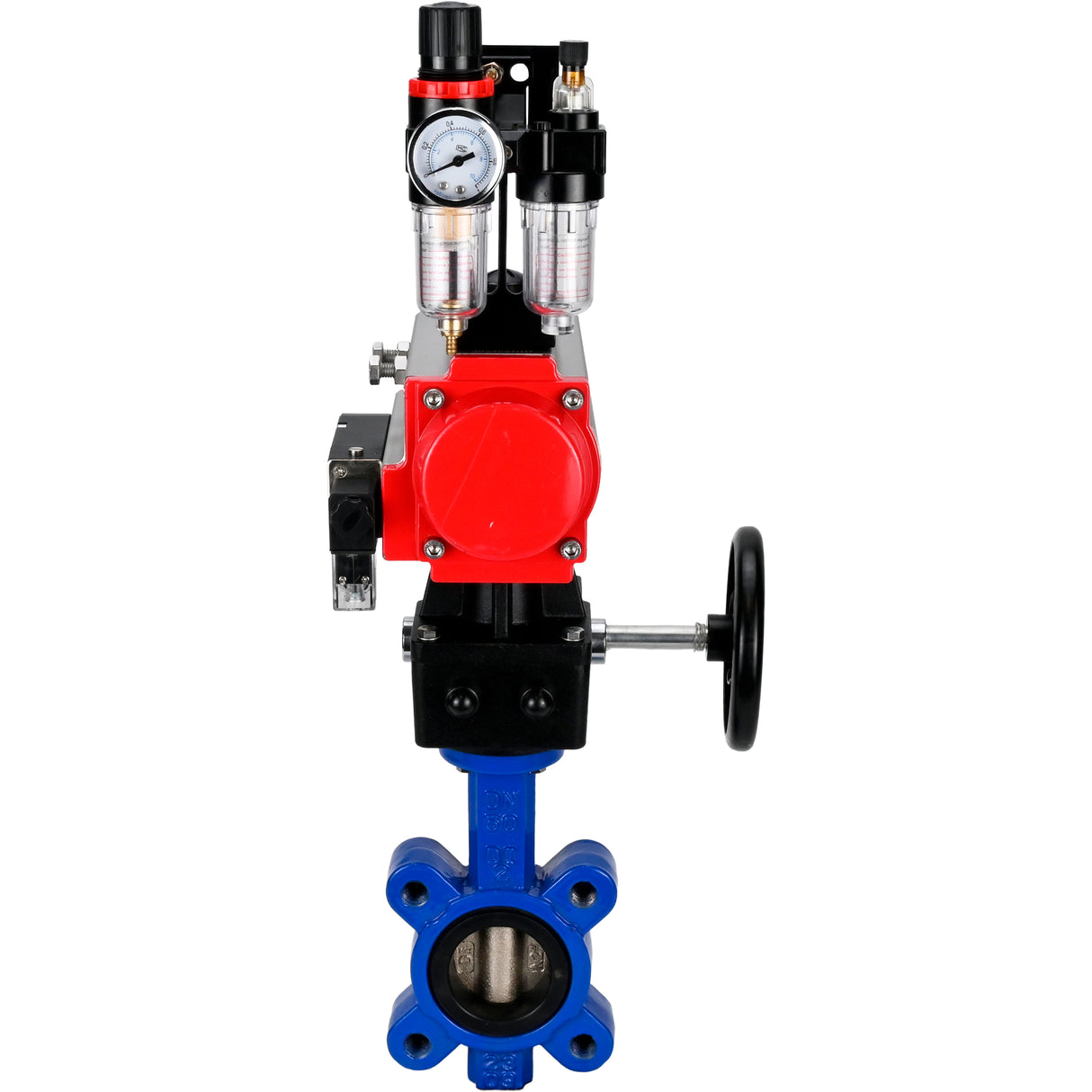 Wasser-Schmetterlingsventil Elephant WBV1616N-2W-Fb-H, Gehäusematerial - Gusseisen QT450, Scheibenmaterial - Gusseisen QT450, Dichtung - NBR, pneumatischer Antrieb PA-DA Doppelwirkung, 4M310-08 220V Handrad MON, ATU AFC2000