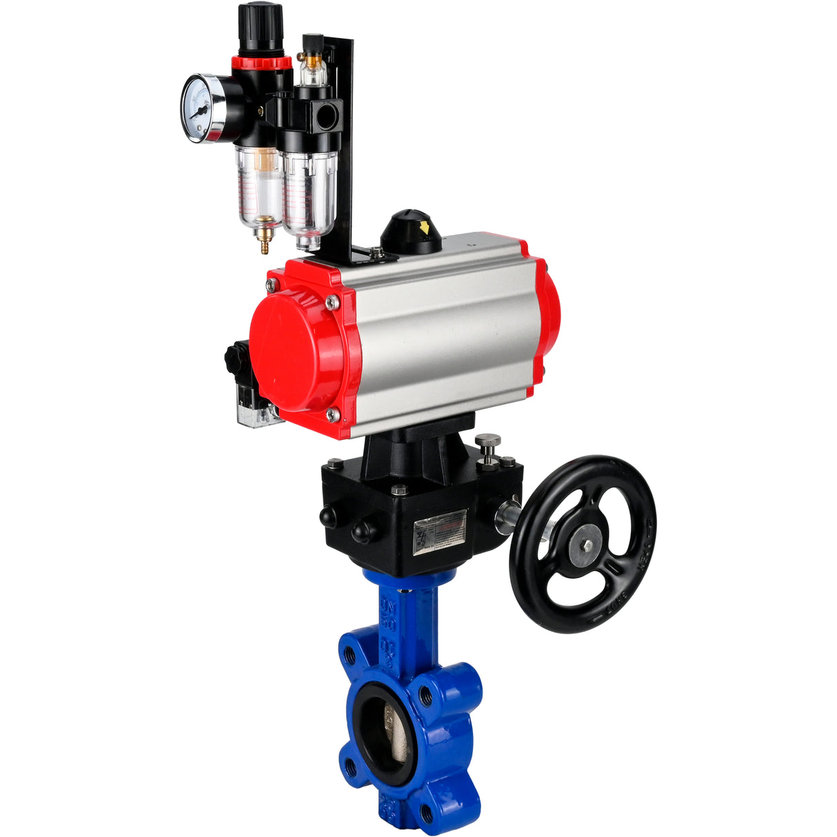 Wasser-Schmetterlingsventil Elephant WBV1616N-2W-Fb-H, Gehäusematerial - Gusseisen QT450, Scheibenmaterial - Gusseisen QT450, Dichtung - NBR, pneumatischer Antrieb PA-DA Doppelwirkung, 4M310-08 220V Handrad MON, ATU AFC2000