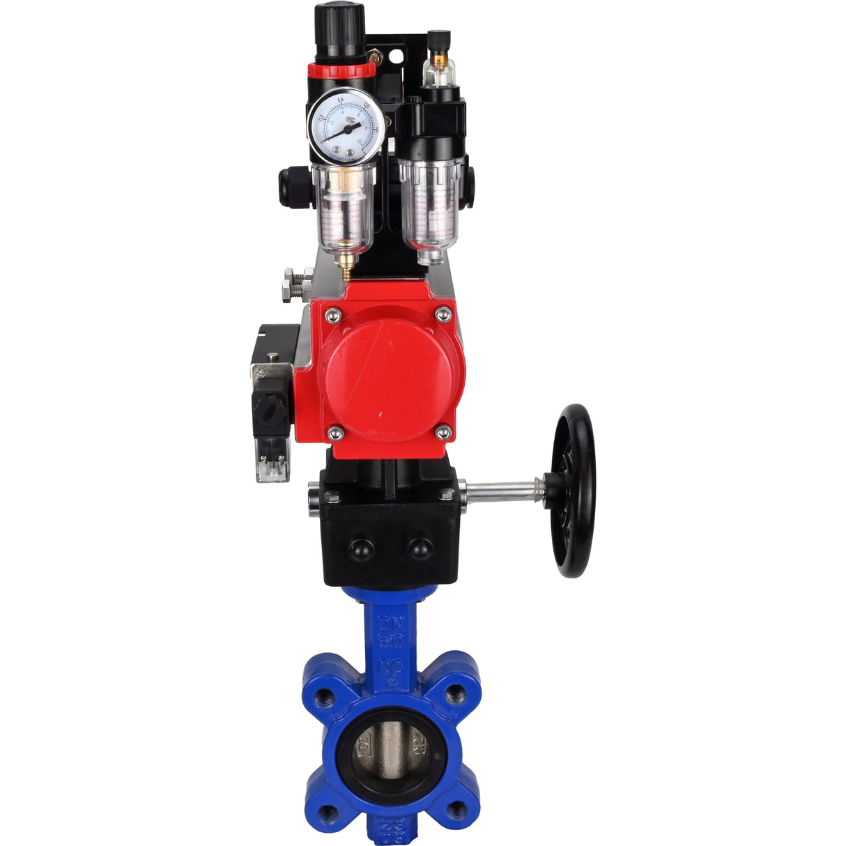 Wasser-Schmetterlingsventil Elephant WBV1616E-2W-Fb-H, Gehäusematerial - Gusseisen QT450, Scheibenmaterial - Gusseisen QT450, Dichtung - EPDM, pneumatischer Antrieb PA-DA Doppelwirkung, 4M310-08 220V, LSU APL-210N, Handrad MON, ATU AFC2000