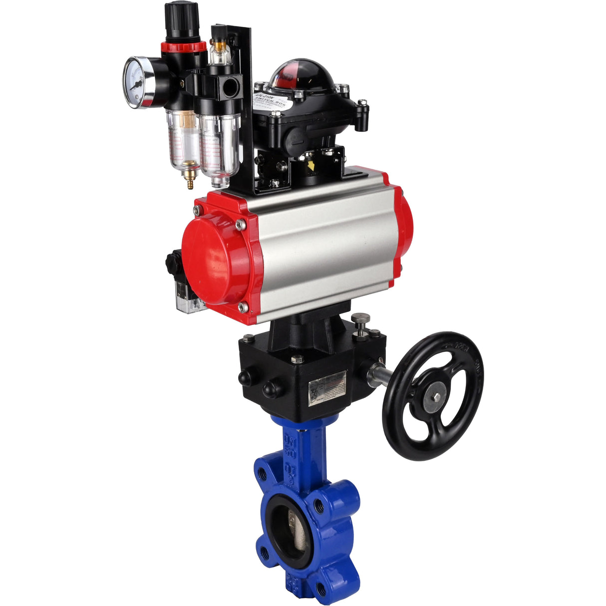 Wasser-Schmetterlingsventil Elephant WBV1616E-2W-Fb-H, Gehäusematerial - Gusseisen QT450, Scheibenmaterial - Gusseisen QT450, Dichtung - EPDM, pneumatischer Antrieb PA-DA Doppelwirkung, 4M310-08 220V, LSU APL-210N, Handrad MON, ATU AFC2000