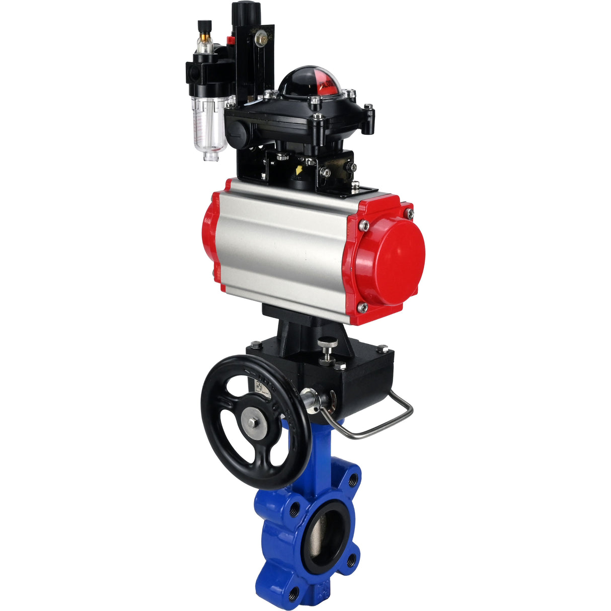 Wasser-Schmetterlingsventil Elephant WBV1616E-2W-Fb-H, Gehäusematerial - Gusseisen QT450, Scheibenmaterial - Gusseisen QT450, Dichtung - EPDM, pneumatischer Antrieb PA-DA Doppelwirkung, 4M310-08 220V, LSU APL-210N, Handrad MON, ATU AFC2000