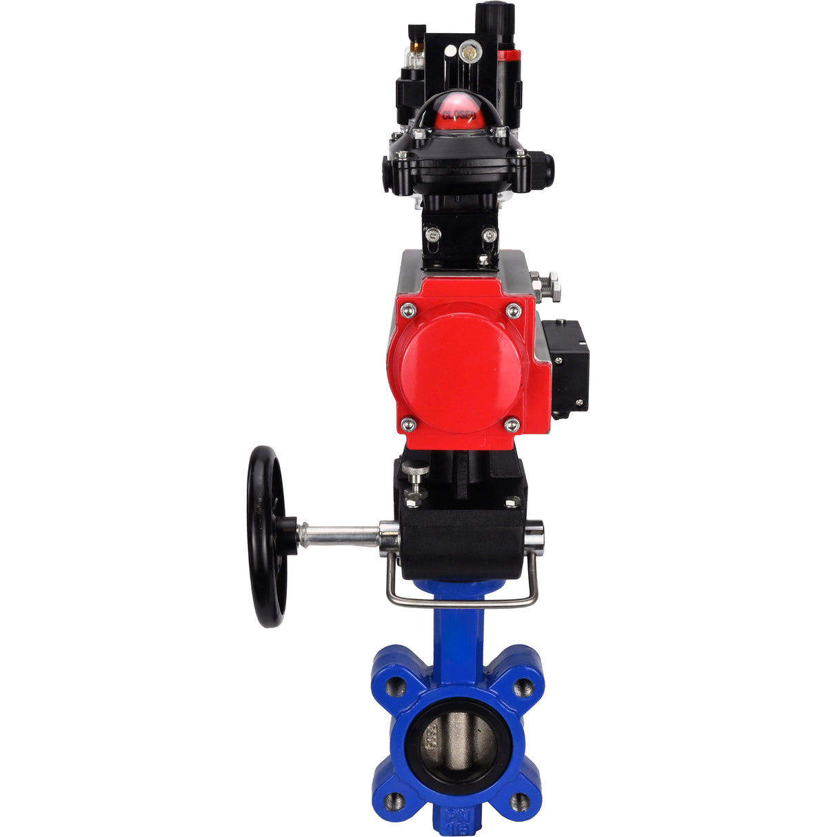 Wasser-Schmetterlingsventil Elephant WBV1616E-2W-Fb-H, Gehäusematerial - Gusseisen QT450, Scheibenmaterial - Gusseisen QT450, Dichtung - EPDM, pneumatischer Antrieb PA-DA Doppelwirkung, 4M310-08 220V, LSU APL-210N, Handrad MON, ATU AFC2000